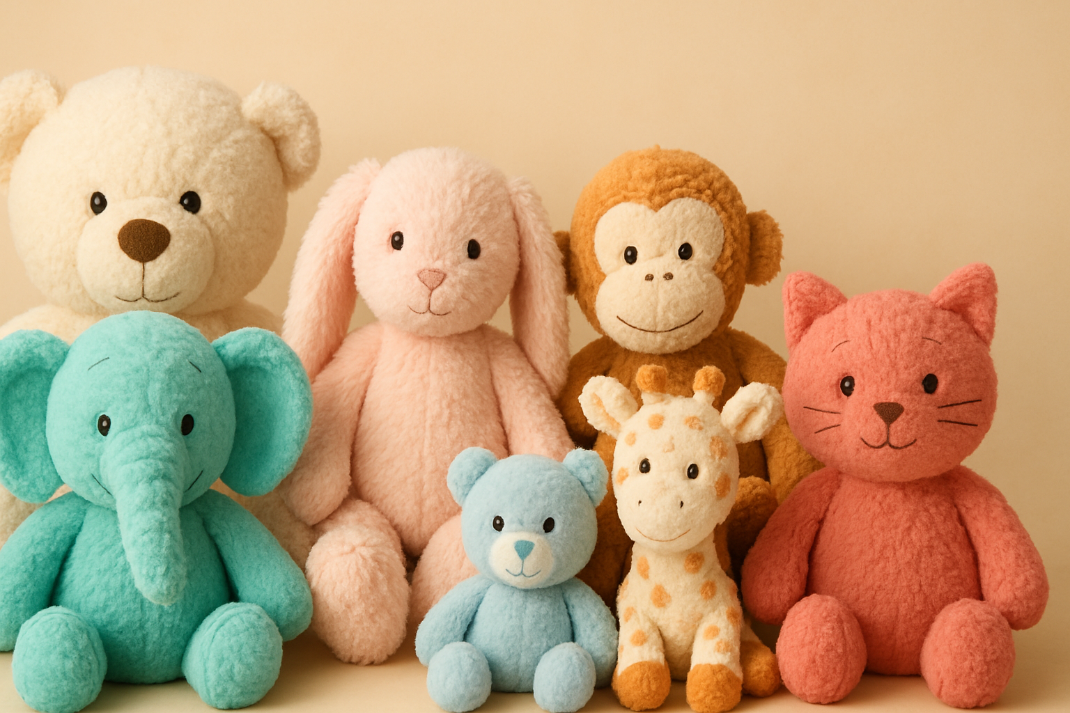 A beautiful hero image featuring an assortment of colorful plush toys arranged attractively against a soft background
